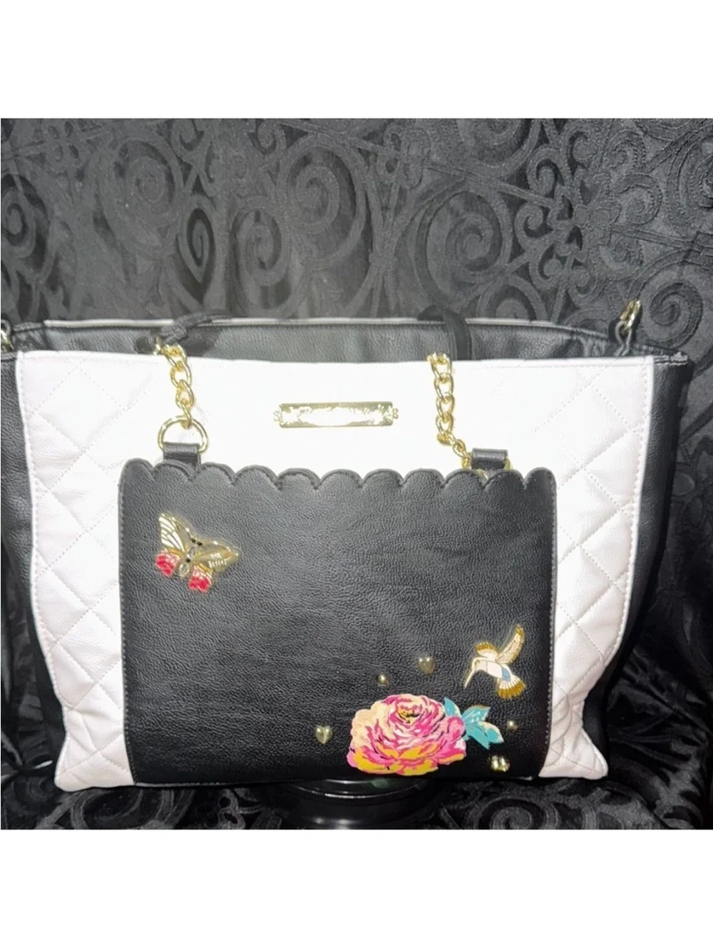 Black & White Tote Bag with Floral Embroidery